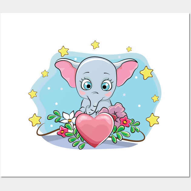 Cute elephant with heart and stars Wall Art by playmanko